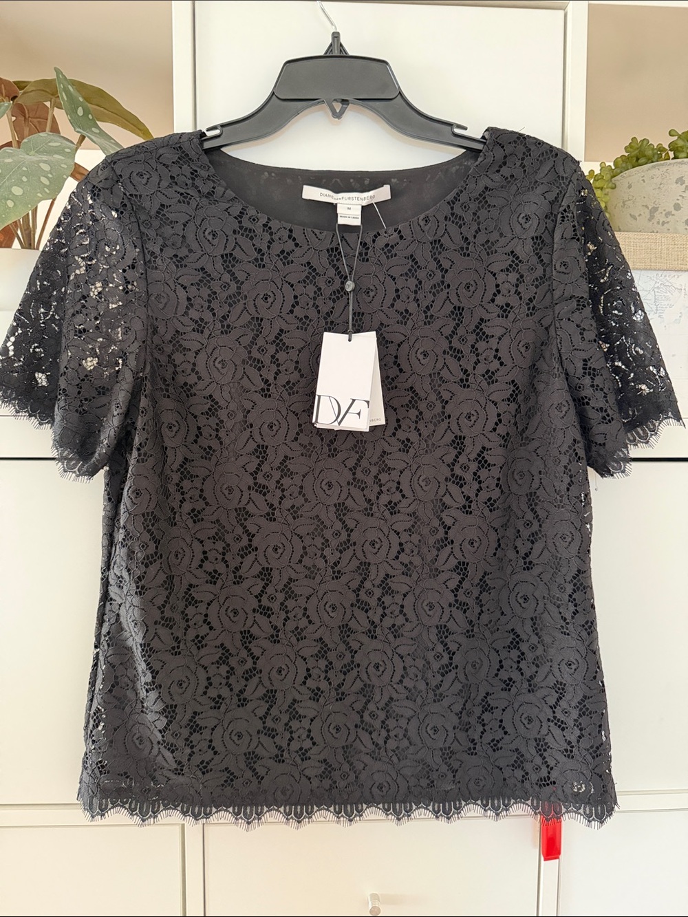 Diane Von Furstenberg Black Lace Short-Sleeve Top